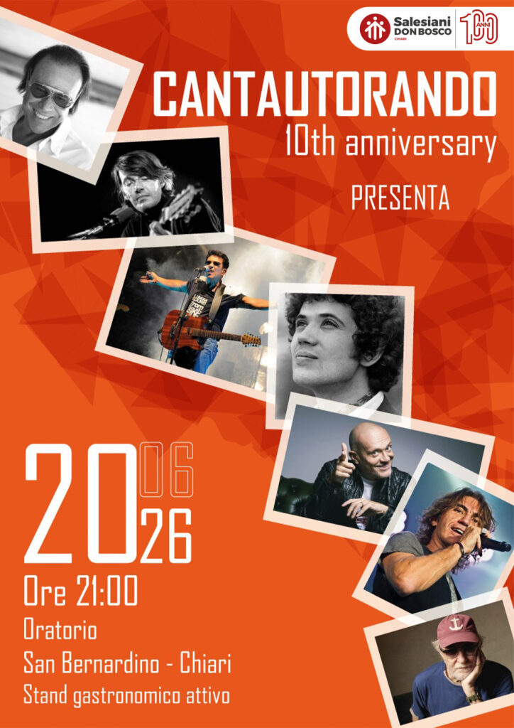 10 ANNI DI CANTAUTORI ITALIANI
🟢🟠🔵 100 anni di Salesiani a Chiari!
Cantautorando compie 10 anni e lo celebriamo con una serata piena di musica!
📅 Sabato 20 giugno 2026
🕕 ore 21.00
📍 Tettoia di San Bernardino, Via Palazzolo, 1 Chiari Bs
In questo decennio abbiamo dedicato le nostre notti ai più grandi cantautori italiani: da De Andrè a Pezzali, da Dalla a Venditti. Ogni serata è un viaggio nella storia della nostra musica, un ricordo che si rinnova attraverso le canzoni che tutti noi amiamo e che possiamo cantare a squarciagola.
Che tu sia un appassionato di cantautori o semplicemente voglia vivere una serata di musica genuina tra amici, Cantautorando è il posto giusto per te.
Portaci la tua famiglia, i tuoi amici, il tuo cuore per la musica italiana!
👉 Condividi questo post e invita tutti i tuoi amici a festeggiare con noi questi 10 anni di storia musicale!
🏫 Istituto Salesiano San Bernardino
📌 Via Palazzolo 1, Chiari (BS)
📞 327 788 4686
https://salesianichiari.it/
#salesianichiari #oratoriodonbosco #musicaitaliana #centenariosalesianichiari #sanbernardino